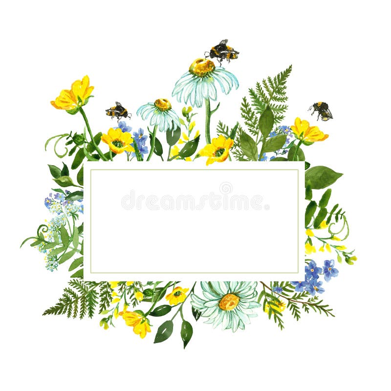 Watercolor botanical border with colorful yellow and blue wild flowers, green leaves, herbs and honey bee. Summer holiday card. Watercolor wild flowers frame vector illustration