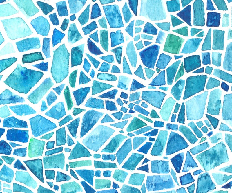 Watercolor mosaic texture. Blue kaleidoscope background. Painted geometric pattern. stock image