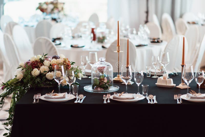 Wedding decor, interior. Festive. Banquet table. Modern wedding decorations. royalty free stock image