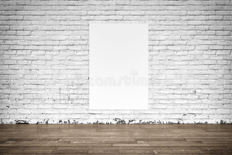 White posters on brick wall and wood floor stock photos