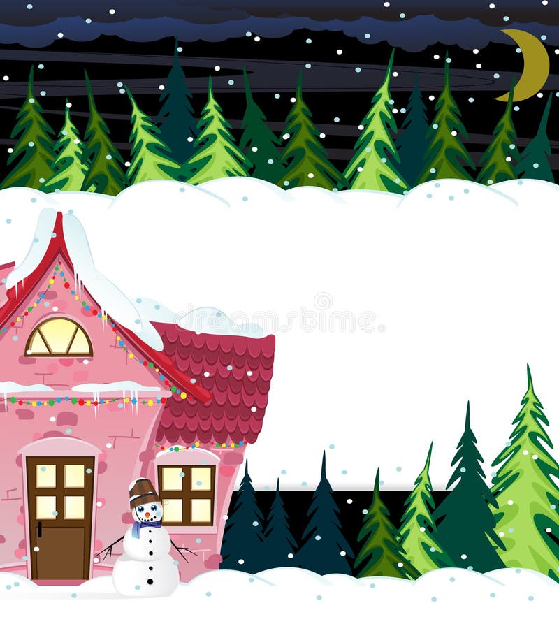 Winter house and smiling snowman vector illustration