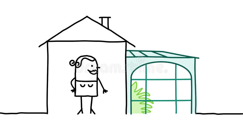 Woman & house with veranda. Hand drawn cartoon characters - woman & house with veranda royalty free illustration