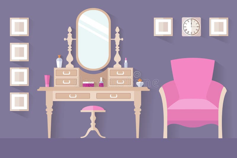 Women`s boudoir. Interior design, vector dressing room. Design of a female boudoir. Vector interior. Dressing table. Women`s room royalty free illustration