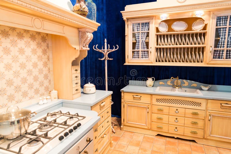 Wood beautiful custom kitchen interior design royalty free stock photo