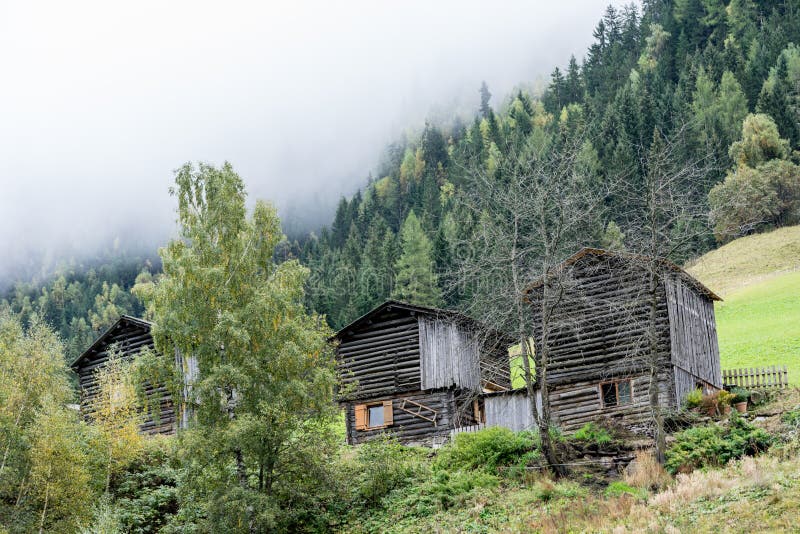 A wooden barn on the hill surrounded by fir forest. Old cottage on the mountain inside the cloud, natural environment. Hiking in the alps, Tirol, Austria royalty free stock image