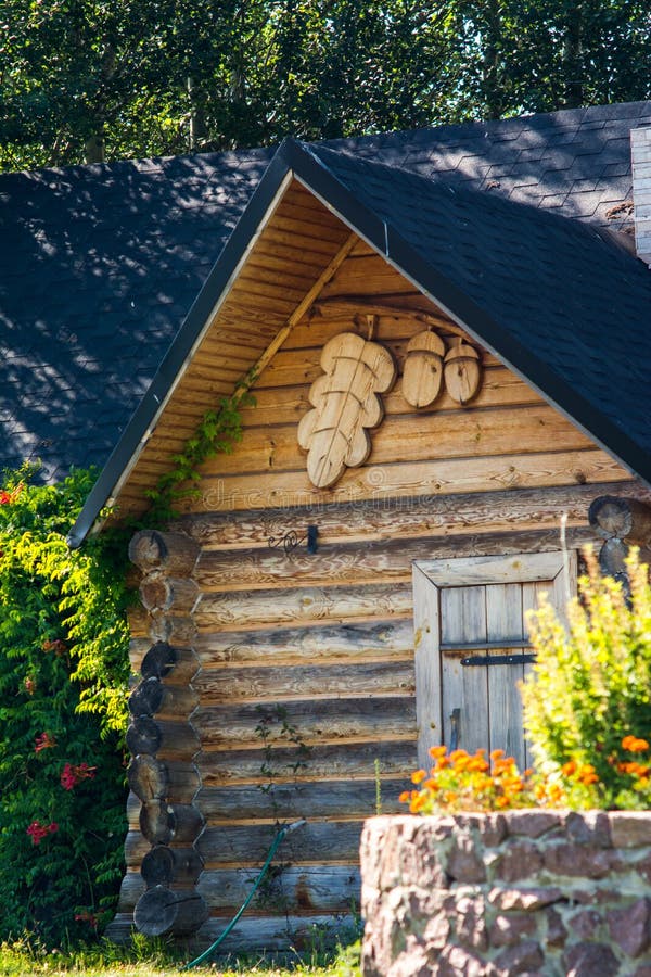 Wooden dacha house with garden. In summer stock image