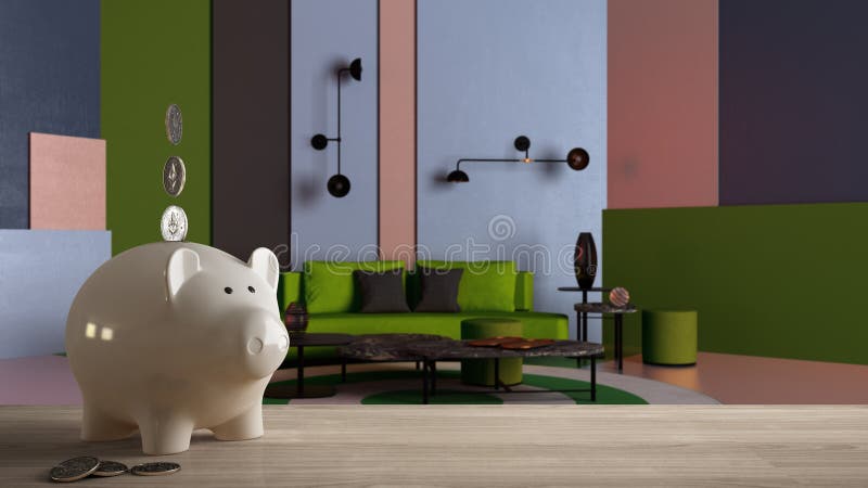 Wooden table top or shelf with white piggy bank with coins, colorful living room, green sofa, pouf, expensive home interior design. Renovation restructuring royalty free stock photos