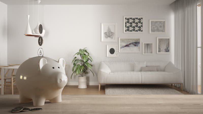 Wooden table top or shelf with white piggy bank with coins, modern white and wooden living room, expensive home interior design,. Renovation restructuring royalty free stock image