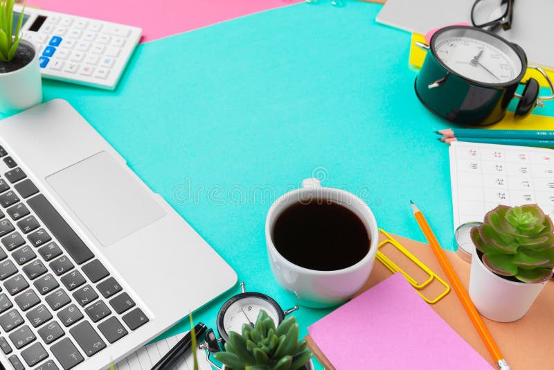 Working table in children room interior. Close-up of cozy workspace in student`s room. Creative photo royalty free stock photography