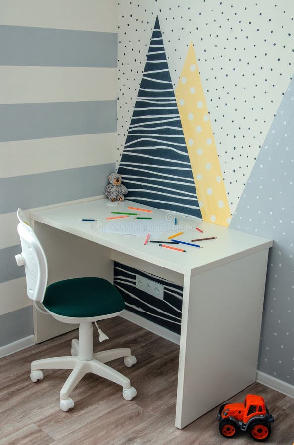 Workplace at a desk, in a children`s room, home furnishings. Workplace at the desk, in the children`s room, home furnishings, close-up royalty free stock photo