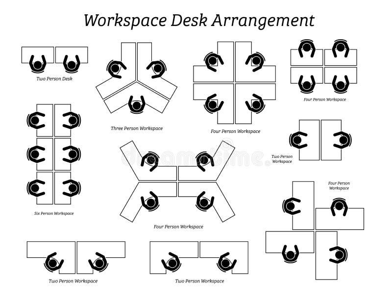 Workspace desk arrangement in office and company diagram. Pictogram icons depict the top view of table arrangement and seatings for office employees, staffs vector illustration