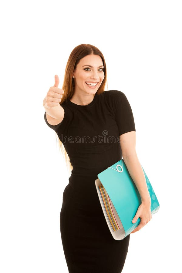 Young business woman in black dress holds a folder shows thumb u stock images