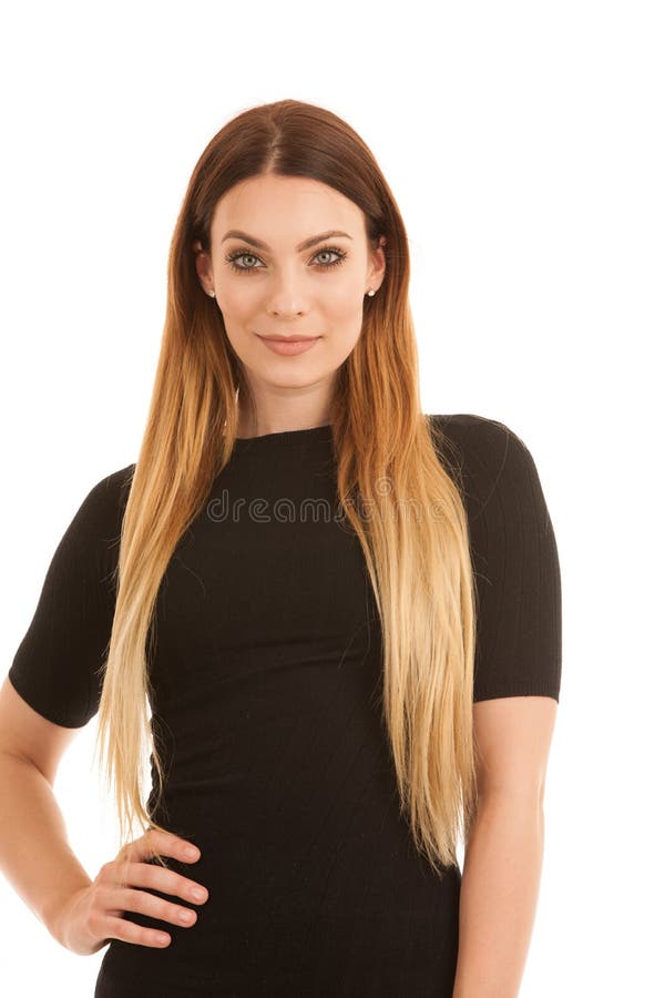 Young business woman in black dress over white background royalty free stock images
