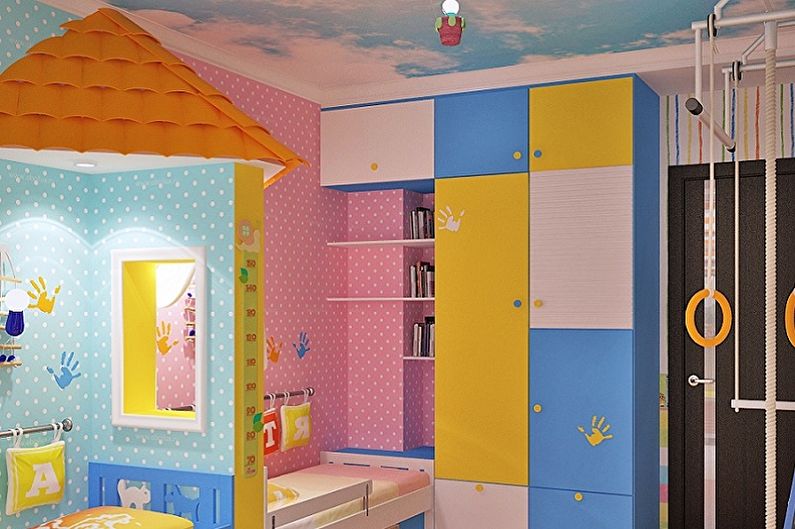 Дизайн детской комнаты для мальчика и девочки - Отделка потолка