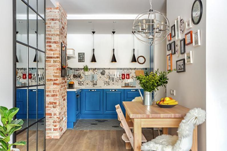 Синяя кухня в стиле лофт - Дизайн интерьера