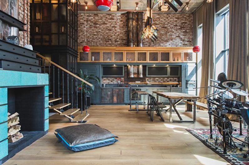 Синяя кухня в стиле лофт - Дизайн интерьера