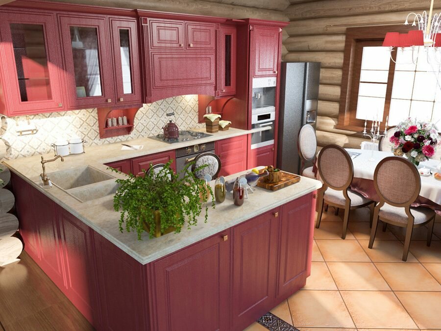 Красная кухня в загородном доме