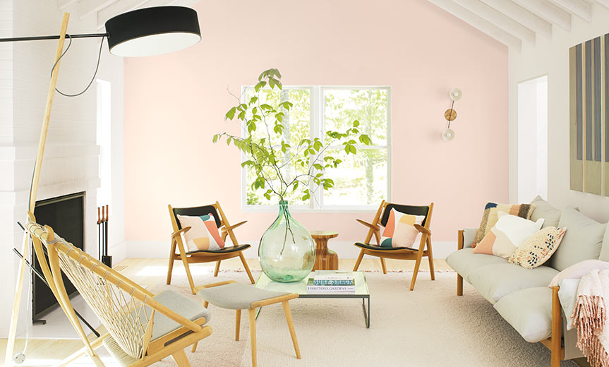 A casual living room with a light pink-painted accent wall