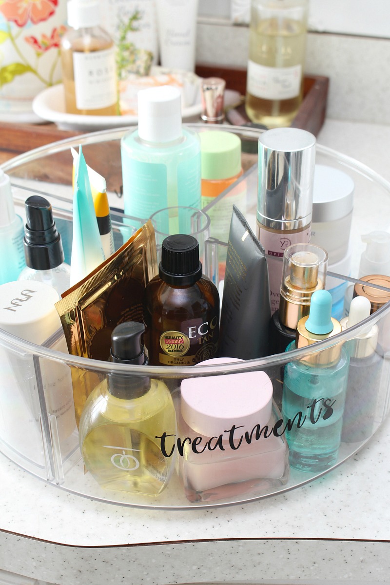 Divided lazy susan to store beauty products.