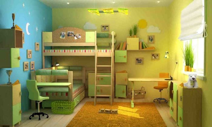 вариант светлого дизайна детской комнаты для двоих девочек