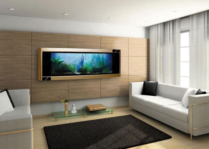 Интерьер гостиной с аквариумом-картиной на стене