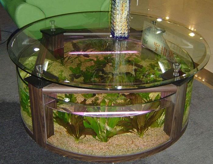 Стеклянный журнальный стол в форме аквариума