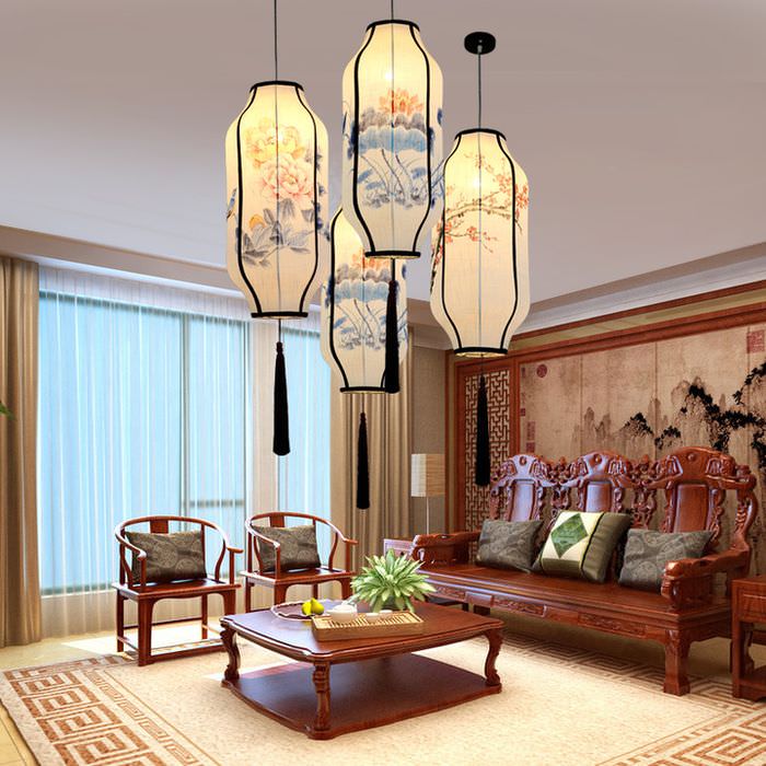 Подвесные светильники на потолке в китайской гостиной