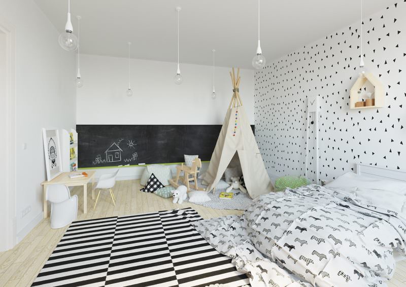 Интерьер детской комнаты в загородном доме скандинавского стиля