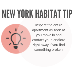 New York Habitat tip infographic encouraging tenants to inspect their apartment and contact the landlord for repairs.