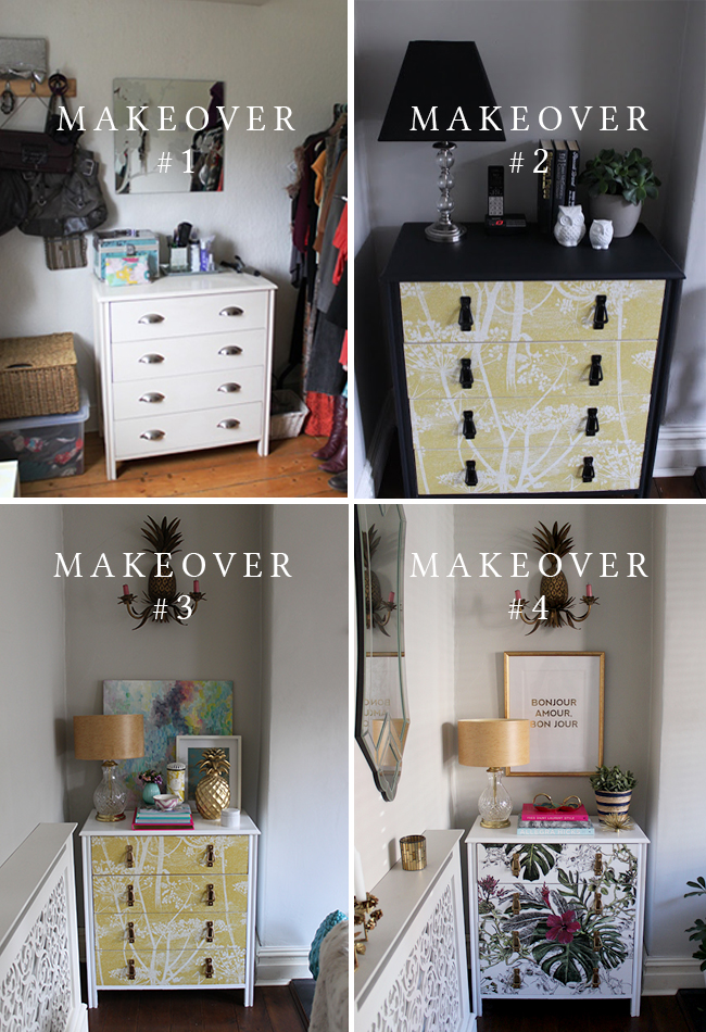 Check out the four makeovers my DIY wallpapered chest of drawers have had over the past few years. 