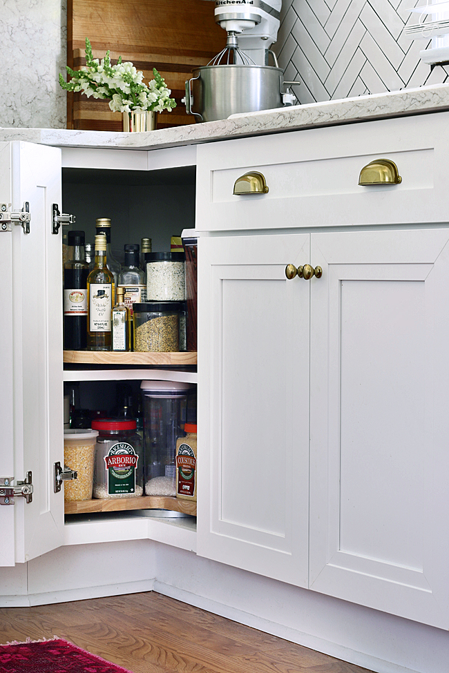 Using a Lazy Susan within a corner cabinet is a great way to utilise space within a small kitchen!